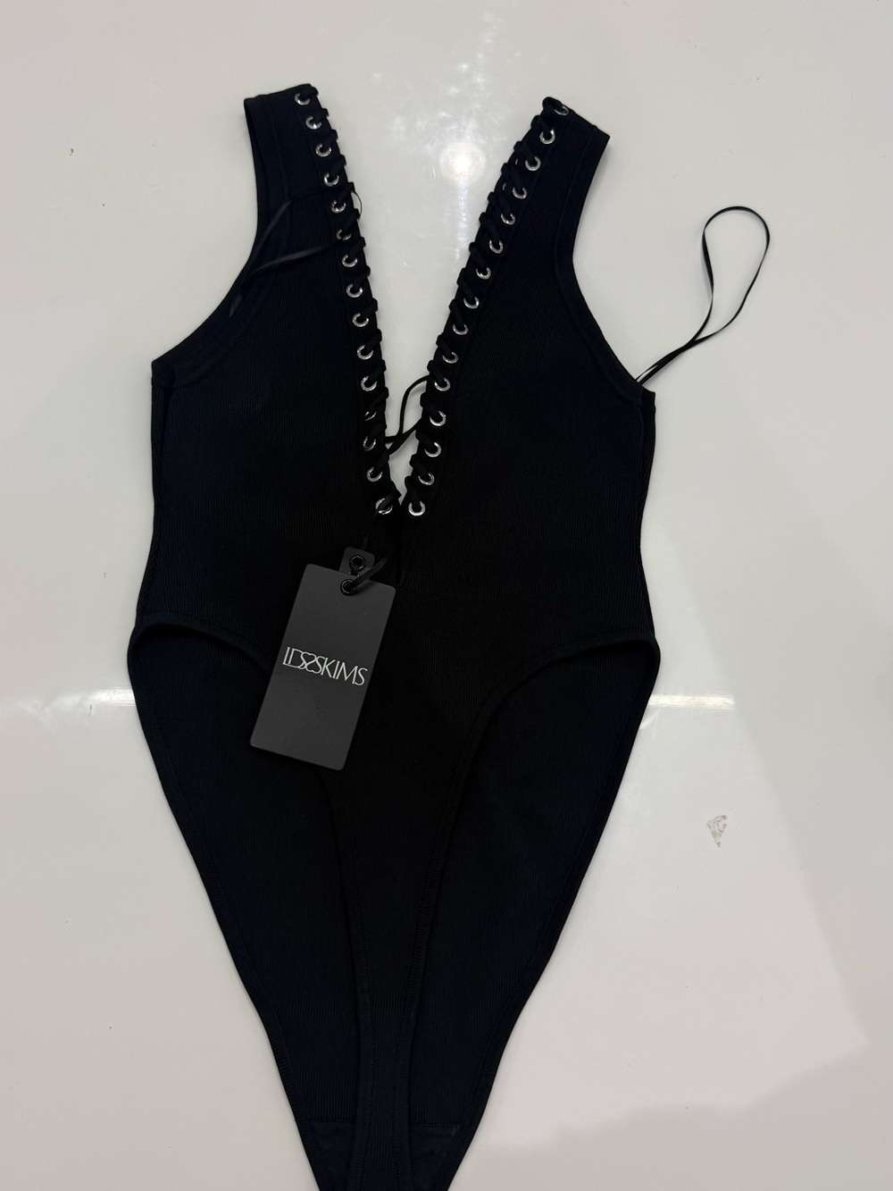 SKIMS Black Lace-Up Ribbed Kids One-Piece Swimsuit